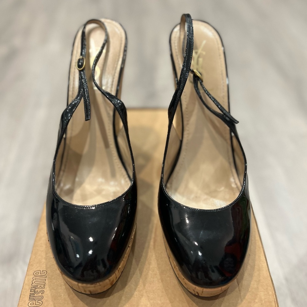 Yves Saint Laurent Black Patent Slingback Cork Wedges